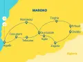 Mapa Maroko z trasą turystyczną: Agadir, Taroudant, Taliouine, Ouarzazate, Agdz, Zagora, Erfoud, Chebbi, Tinghir, Marrakesz. Dwa samoloty symbolizują lotniska.