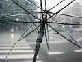 Przezroczysty parasol w bagażu podręcznym chroni przed deszczem na ulicy. Krople wody na materiale.