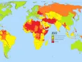 Mapa świata z 2022 roku pokazująca poziom bezpieczeństwa w różnych krajach za pomocą kolorów.