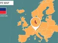 Mapa Europy z zaznaczonym Liechtensteinem. Obok flaga kraju i nazwa. Waluta Liechtensteinu to frank szwajcarski.