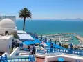 Widok na port i morze z białej zabudowy z palmą. Djerba na co uważać? Upał i słońce, ale widoki wynagradzają wszystko.