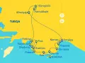 Mapa szlaku turystycznego po Turcji, obejmująca wybrzeże likijskie z atrakcjami jak Pamukkale, Fethiye, Kas i Kekova.