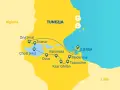 Mapa Tunezji z zaznaczonymi trasami podróży: Tozeur, Djerba, Matmata, Douz, Tataouine. Idealne miejsce na tunezyjskie wakacje!