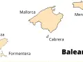 Mapa Balearów z zaznaczonymi wyspami: Majorka, Minorka, Ibiza, Formentera i Cabrera.
