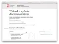 Wniosek o wydanie dowodu osobistego online. Formularz pozwala wybrać powód ubiegania się o dowód i urząd odbioru, a także dodać zdjęcie.