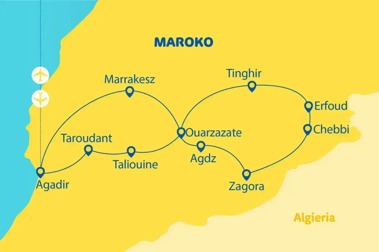 Mapa Maroko z trasą turystyczną: Agadir, Taroudant, Taliouine, Ouarzazate, Agdz, Zagora, Erfoud, Chebbi, Tinghir, Marrakesz. Dwa samoloty symbolizują lotniska.