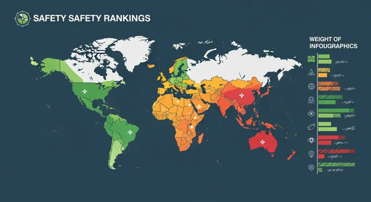 Mapa świata z kolorami wskazującymi poziom bezpieczeństwa. Czerwone obszary oznaczają najniebezpieczniejsze kraje świata.