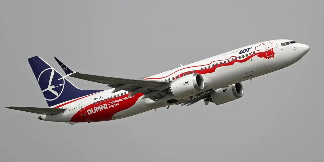 Boeing 737 MAX 8 linii LOT, z napisem "Dumni z Niepodległości Polski", wznosi się w powietrze.