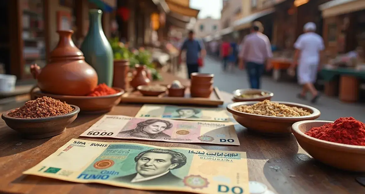 Na stole leżą banknoty, które mogą być tunezyjską walutą, obok miseczek z przyprawami i ziarnami.