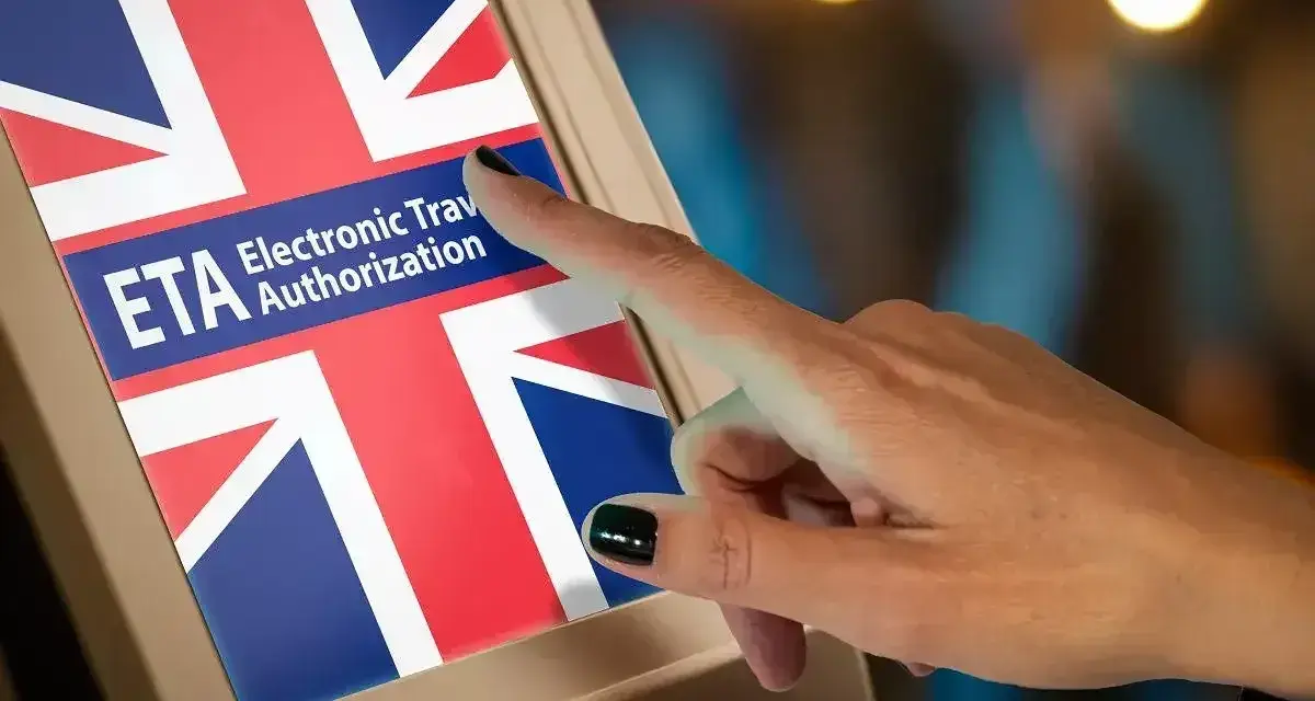 Dłoń dotyka ekranu z flagą Wielkiej Brytanii i napisem "ETA Electronic Travel Authorization". Czy do Londynu trzeba paszport? Sprawdź ETA.