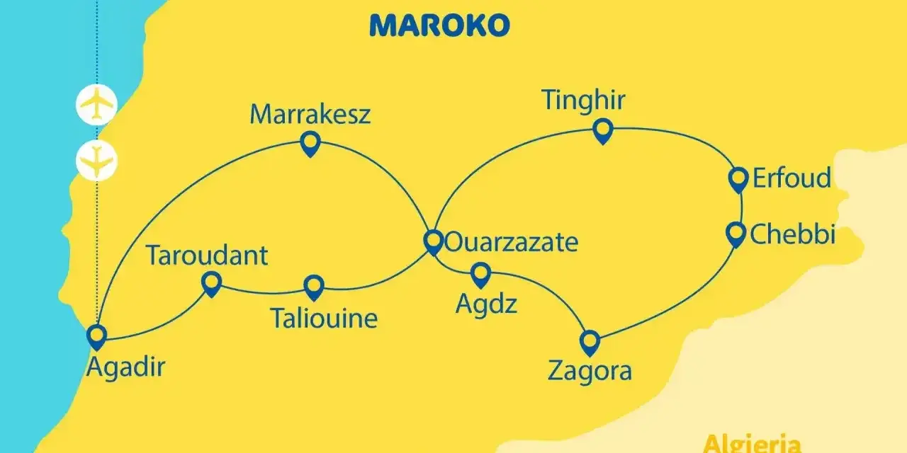 Mapa Maroko z trasą turystyczną: Agadir, Taroudant, Taliouine, Ouarzazate, Agdz, Zagora, Erfoud, Chebbi, Tinghir, Marrakesz. Dwa samoloty symbolizują lotniska.