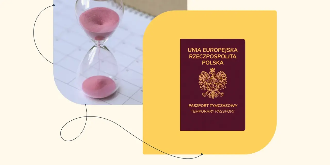 Koniec czasu na lotnisku? Paszport tymczasowy i klepsydra symbolizują pilną podróż.