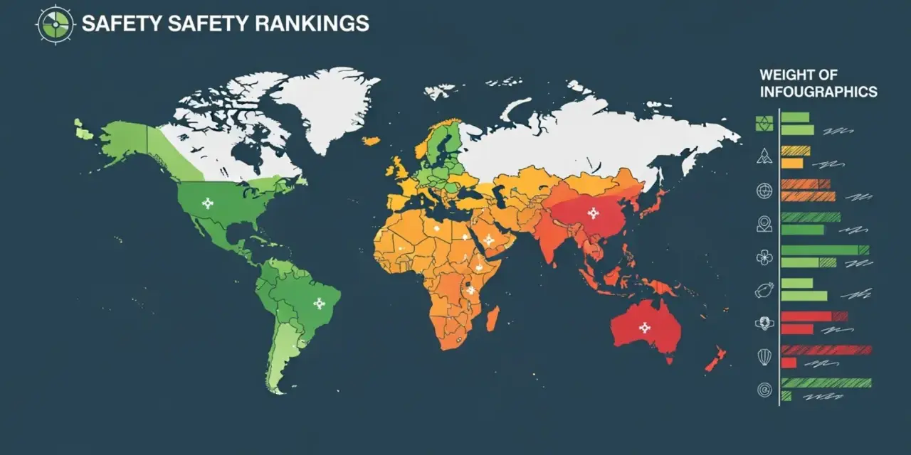 Mapa świata z kolorami wskazującymi poziom bezpieczeństwa. Czerwone obszary oznaczają najniebezpieczniejsze kraje świata.