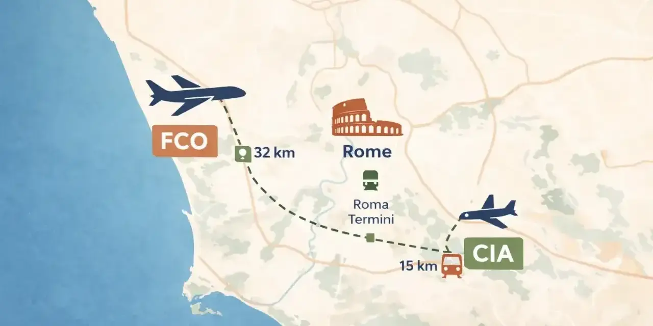 Mapa pokazuje lotniska w Rzymie: FCO (32 km) i CIA (15 km), z zaznaczonym połączeniem do Roma Termini.