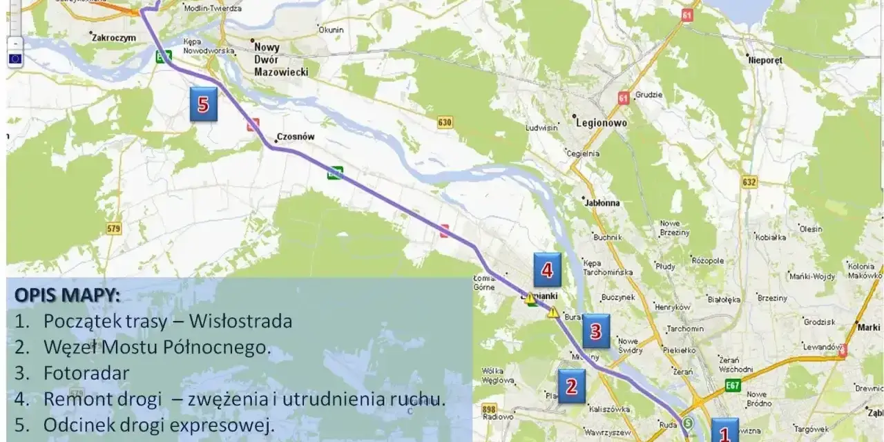 Mapa pokazuje trasę z Warszawy do lotniska Modlin, z zaznaczonymi punktami: Wisłostrada, Węzeł Mostu Północnego, fotoradar, remont drogi, odcinek drogi ekspresowej i cel podróży – lotniska w Warszawie.