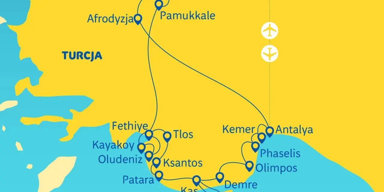 Mapa szlaku turystycznego po Turcji, obejmująca wybrzeże likijskie z atrakcjami jak Pamukkale, Fethiye, Kas i Kekova.