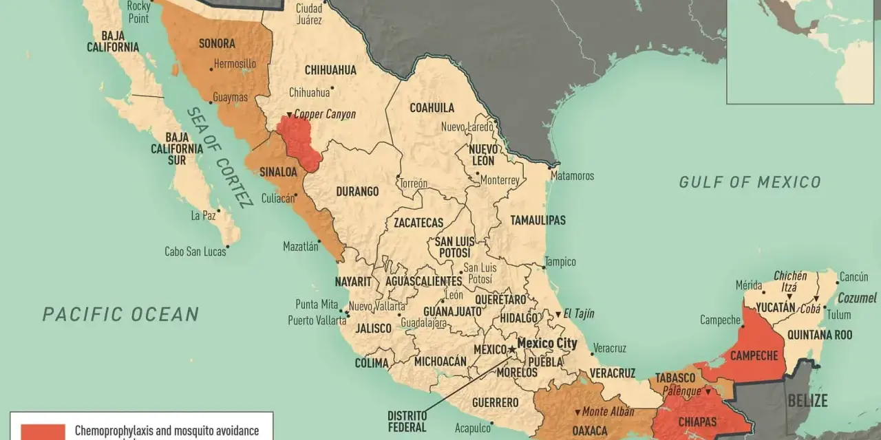 Mapa Meksyku z zaznaczonymi obszarami, gdzie zalecane są meksyk szczepienia i unikanie komarów.