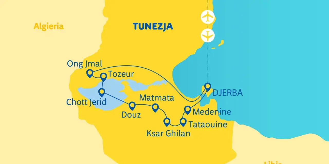 Mapa Tunezji z zaznaczonymi trasami podróży: Tozeur, Djerba, Matmata, Douz, Tataouine. Idealne miejsce na tunezyjskie wakacje!