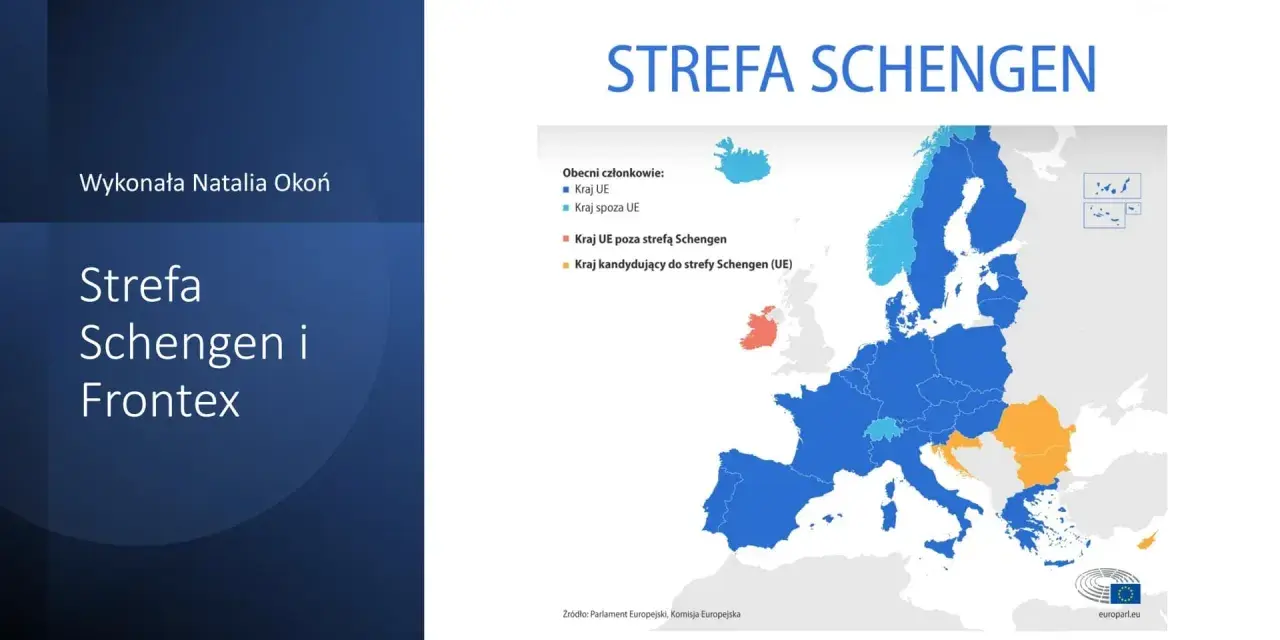 Mapa Europy z zaznaczonymi krajami należącymi do strefy Schengen. Kolory wskazują kraje UE, spoza UE, poza strefą Schengen i kandydujące.