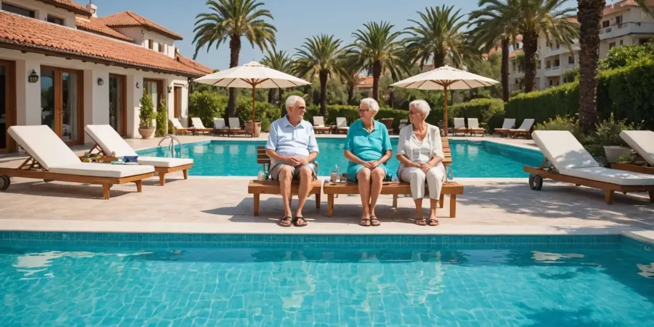 Trzech seniorów cieszy się słońcem przy basenie. Idealne turcja wakacje all inclusive.