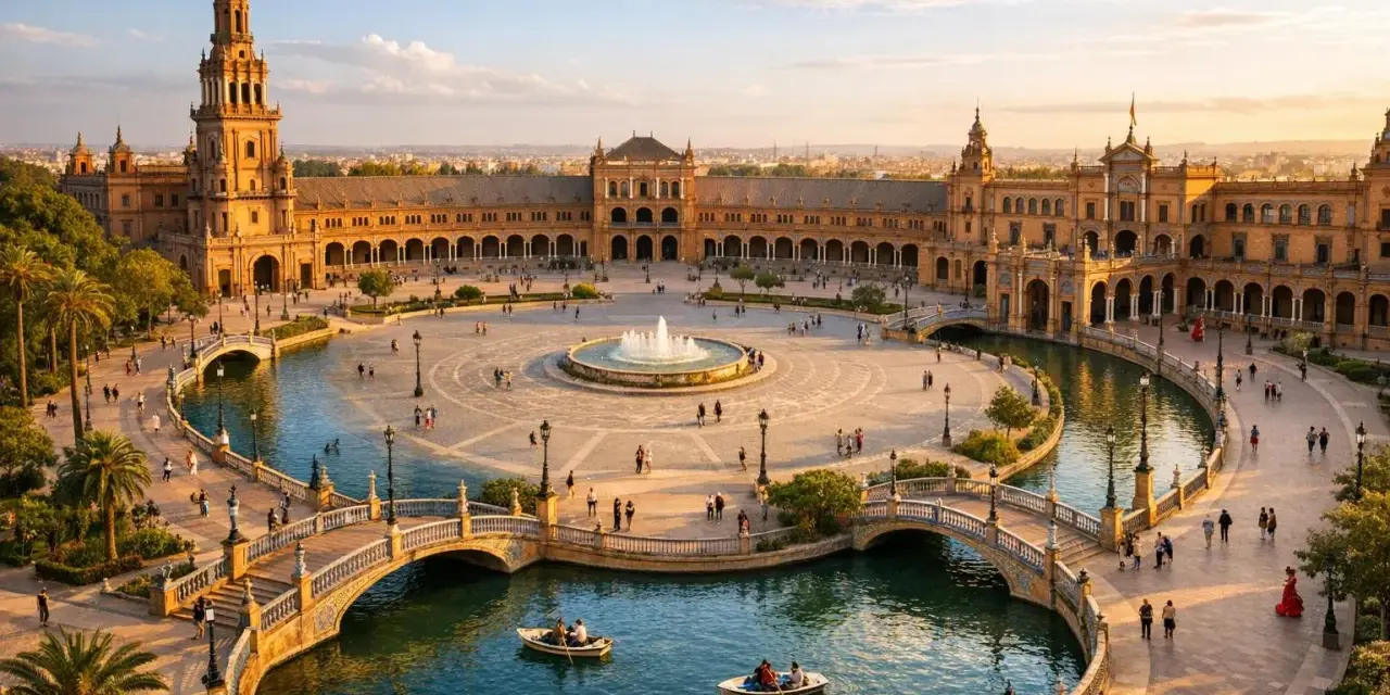 Zachód słońca nad Plaza de España w Sewilli. Ludzie pływają łódkami po kanale, podziwiając architekturę tego pięknego miasta.