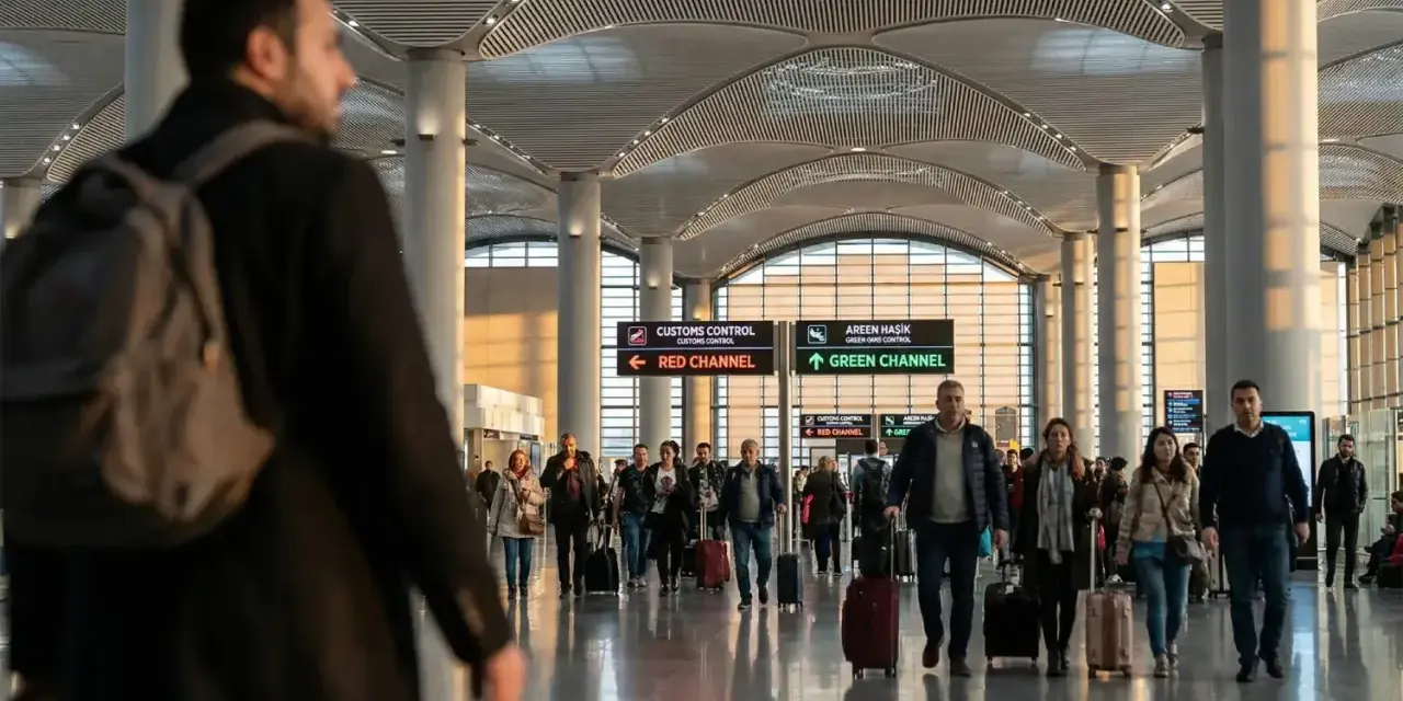 Ludzie z walizkami w nowoczesnym terminalu lotniska. Zastanawiasz się, co można przywieźć z Turcji samolotem?