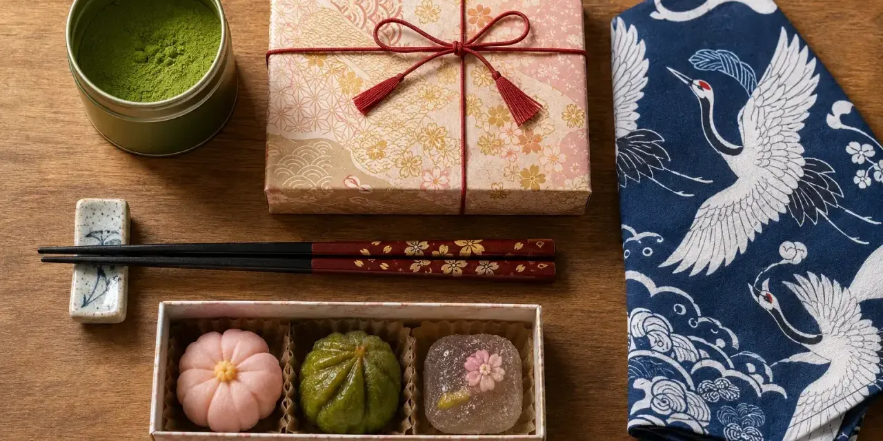Trzy urocze japońskie słodycze wagashi, puszka matchy i ozdobne pałeczki. Idealne, by pokazać, co przywieźć z Japonii.