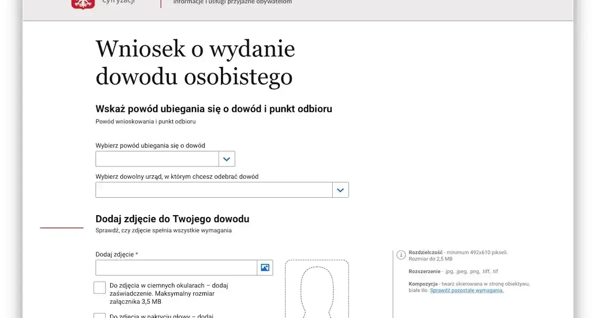 Wniosek o wydanie dowodu osobistego online. Formularz pozwala wybrać powód ubiegania się o dowód i urząd odbioru, a także dodać zdjęcie.