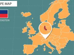 Mapa Europy z zaznaczonym Liechtensteinem. Obok flaga kraju i nazwa. Waluta Liechtensteinu to frank szwajcarski.