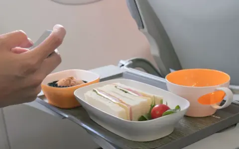 Na tacy w samolocie kanapki, deser i napój. Czy w bagażu podręcznym można mieć jedzenie? Tak, jak widać na zdjęciu.