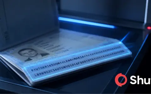 Otwarty paszport z danymi osobowymi i numerem paszportu skanowany przez urządzenie z niebieskim podświetleniem.