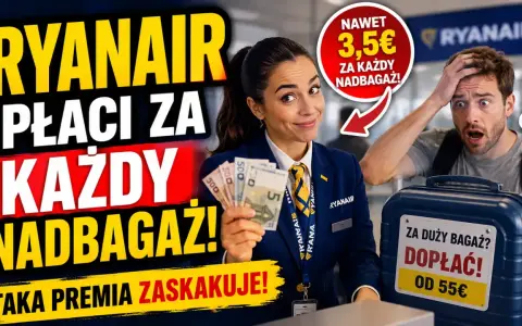 Pracownica Ryanair pokazuje pieniądze, sugerując, ile kosztuje nadbagaż w Ryanair. Klient jest zaskoczony.