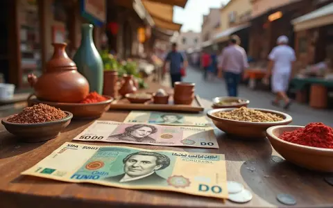 Na stole leżą banknoty, które mogą być tunezyjską walutą, obok miseczek z przyprawami i ziarnami.