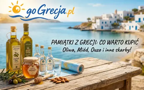 Oliwa, miód, ouzo – co przywieźć z Grecji? Pamiątki z wakacji na stole z widokiem na grecką wyspę.
