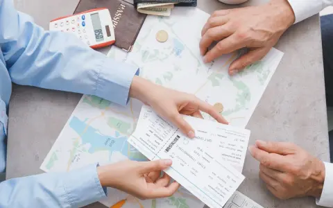 Dłonie trzymające mapę, bilet lotniczy, paszport i kalkulator.