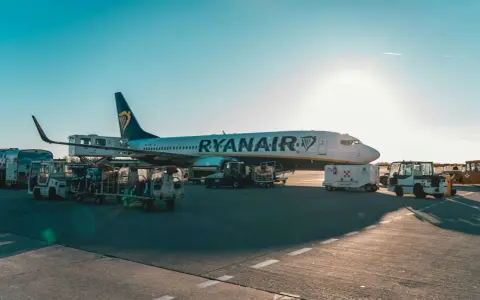 Samolot Ryanair na płycie lotniska, w tle widać wózki z bagażem rejestrowanym.