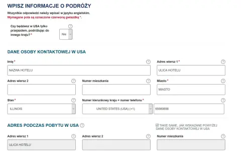 Formularz podróżny do USA. Wpisz dane kontaktowe, adres pobytu i informacje o podróży, aby uzyskać paszport USA.