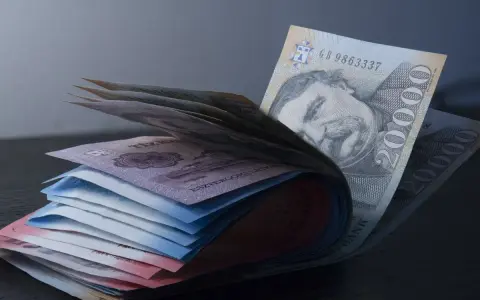 Stos banknotów, w tym 20 000 forintów, pokazuje, jaka waluta na Węgrzech jest w obiegu.