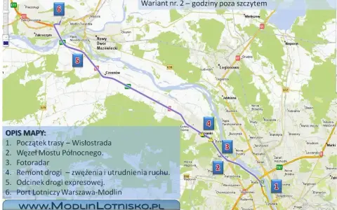 Mapa pokazuje trasę z Warszawy do lotniska Modlin, z zaznaczonymi punktami: Wisłostrada, Węzeł Mostu Północnego, fotoradar, remont drogi, odcinek drogi ekspresowej i cel podróży – lotniska w Warszawie.