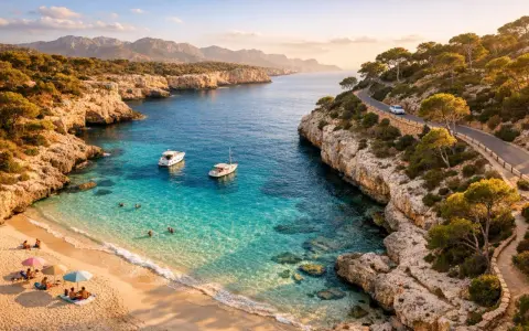 Malownicza zatoka na największej wyspie balearów. Turkusowa woda, piaszczysta plaża, łodzie i kręta droga wzdłuż klifu.