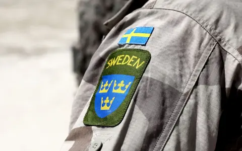 Naszywka z flagą Szwecji i herbem na mundurze wojskowym.