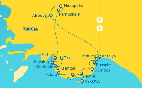 Mapa szlaku turystycznego po Turcji, obejmująca wybrzeże likijskie z atrakcjami jak Pamukkale, Fethiye, Kas i Kekova.