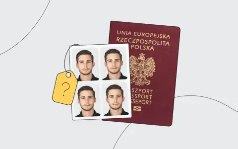 Polski paszport, cztery zdjęcia paszportowe i żółta metka z pytajnikiem.