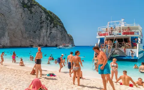 Tui promocje na wakacje: ludzie na plaży Navagio, Zakynthos, Grecja. Turkusowa woda, biały piasek i klify.