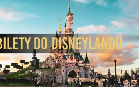 Zamek w Disneylandzie, ludzie spacerują, a nad nimi napis "Bilety do Disneylandu". Dowiedz się, ile kosztuje bilet do Disneylandu.