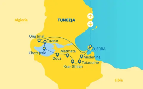 Mapa Tunezji z zaznaczonymi trasami podróży: Tozeur, Djerba, Matmata, Douz, Tataouine. Idealne miejsce na tunezyjskie wakacje!