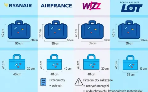 Porównanie wymiarów bagażu podręcznego różnych linii lotniczych: Ryanair, Air France, Wizz Air, LOT. Sprawdź, ile może ważyć bagaż podręczny.