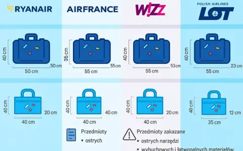 Porównanie wymiarów bagażu podręcznego i rejestrowanego dla Ryanair, Air France, Wizz Air i LOT. Sprawdź, jaki bagaż możesz zabrać.