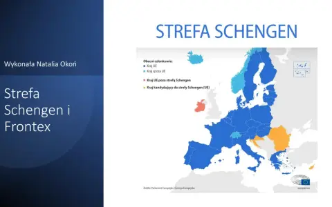 Mapa Europy z zaznaczonymi krajami należącymi do strefy Schengen. Kolory wskazują kraje UE, spoza UE, poza strefą Schengen i kandydujące.