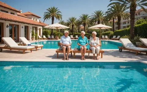 Trzech seniorów cieszy się słońcem przy basenie. Idealne turcja wakacje all inclusive.